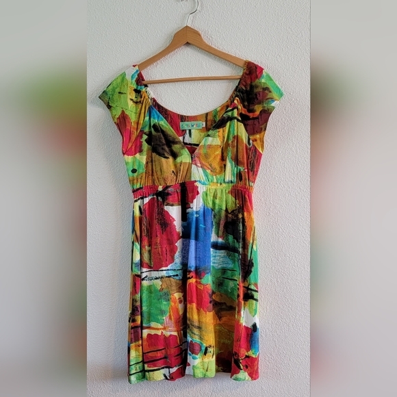 Jams World Tuscany Rayon Dress Colorful Sweetheart Neckline Flutter Sleeve Sz M - Picture 1 of 5